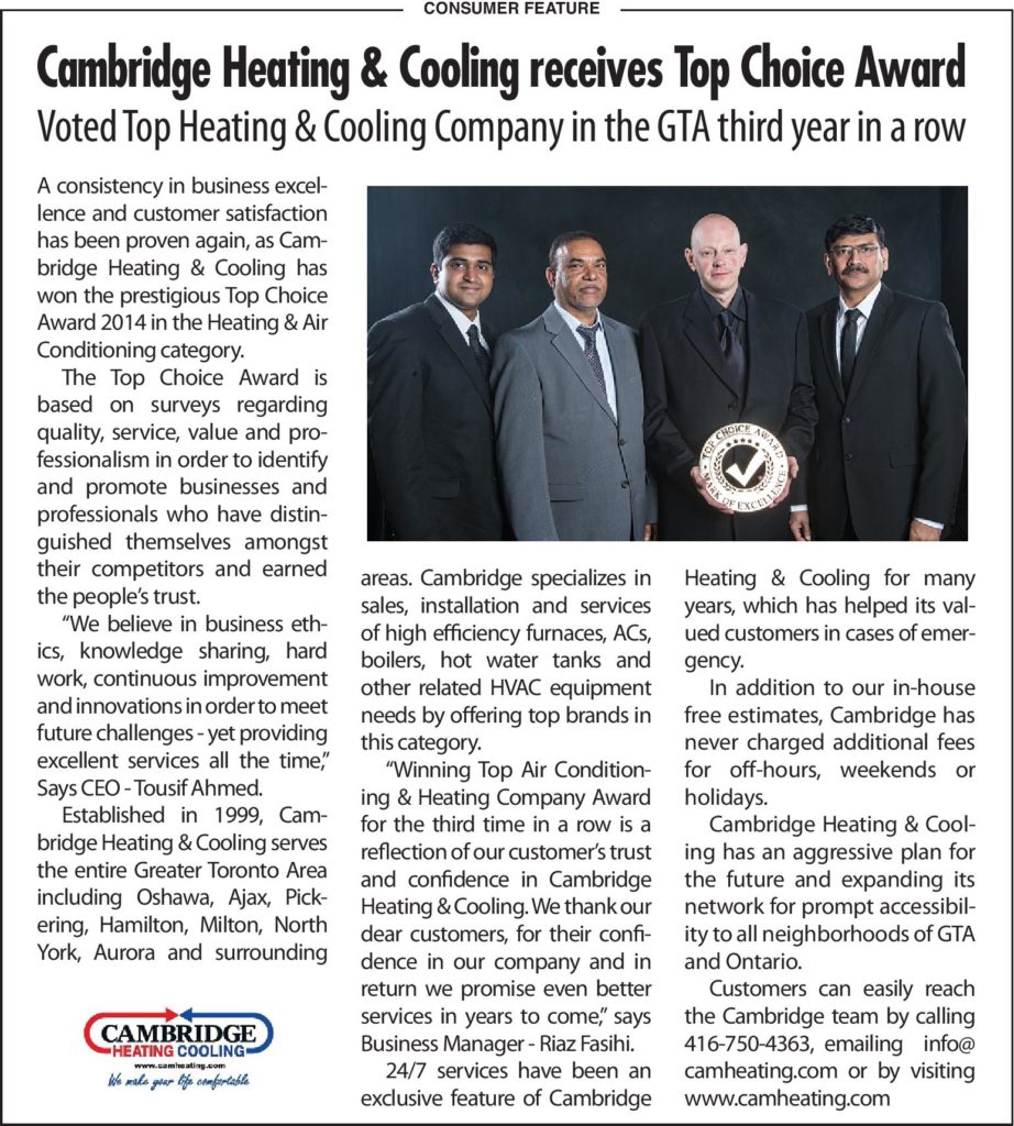 Best Heating and Cooling Company Toronto Award